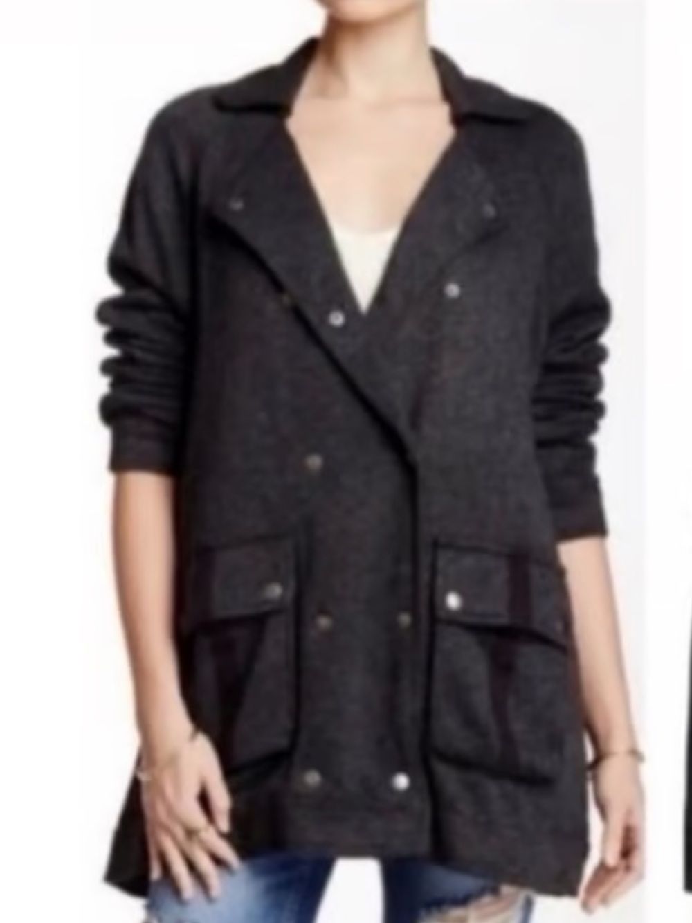 Free People Womens Charcoal Gray Double- Breasted Pea Coat Oversized Slouchy Xs